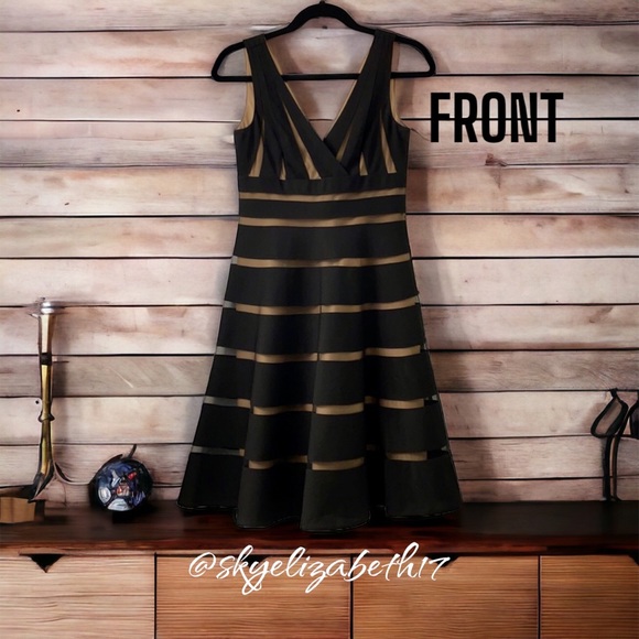 JS Collections Sleeveless, Black & Nude Striped Fit & Flare Sheath Dress, 18 - Picture 2 of 16